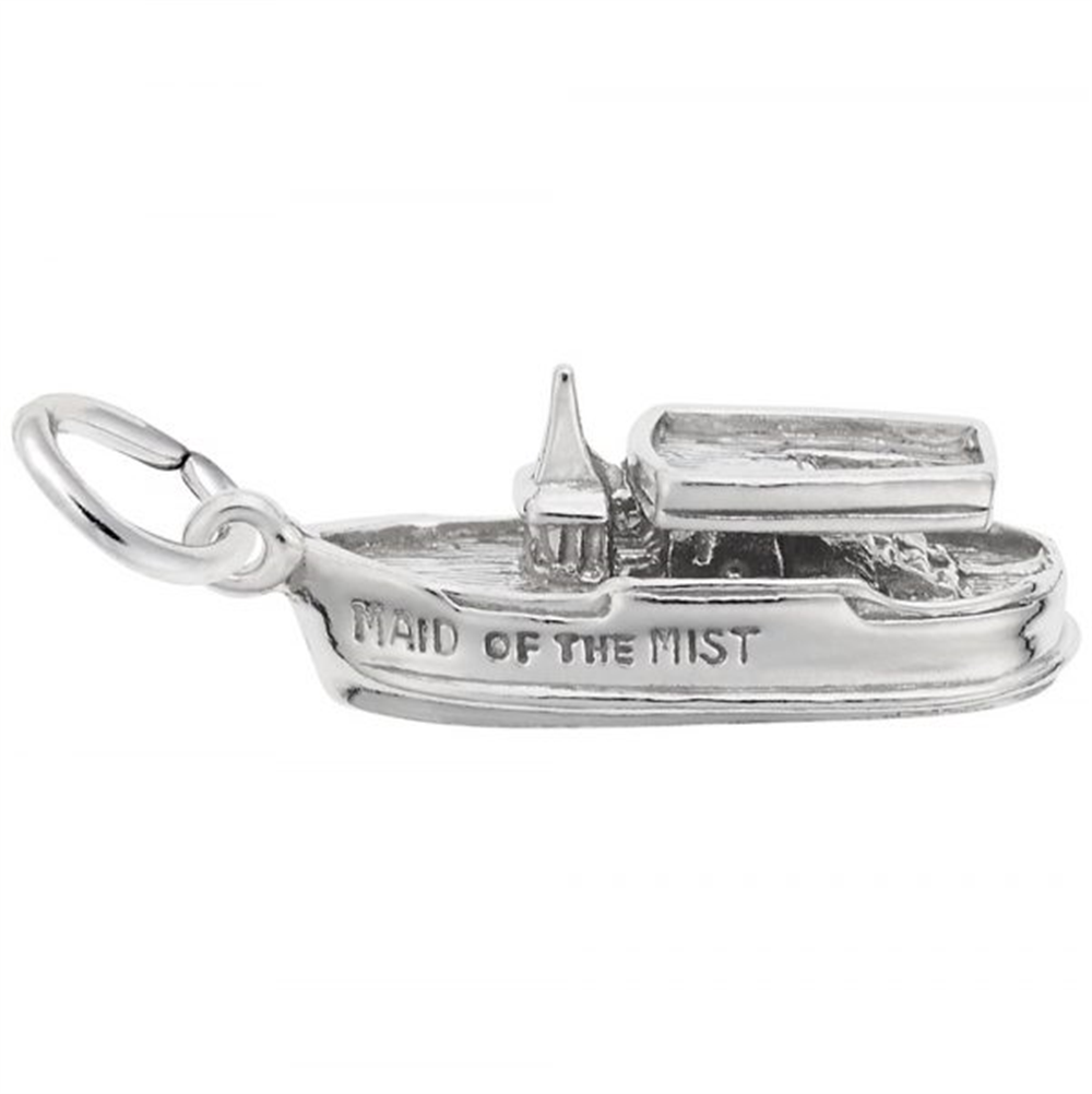 The Maid of the Mist Charm from Rembrandt Charms is crafted in sterling silver and shaped like a small boat with intricate detailing. The side of the boat is engraved with "MAID OF THE MIST." This charm features a loop at one end for attaching to a bracelet or necklace.