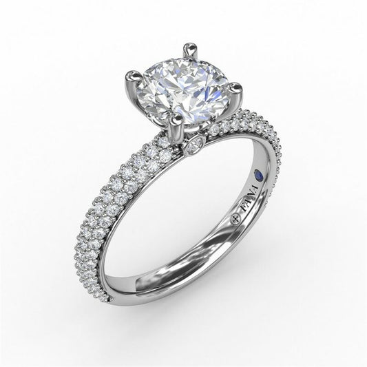 14K White Gold Engagement Ring with Three Rows of Pave Set Diamonds | FANA