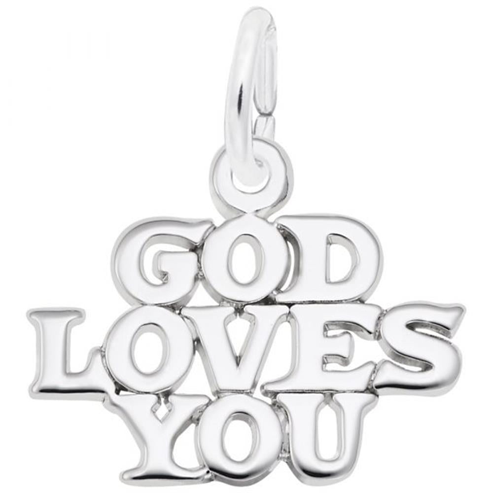 The Rembrandt Charms "God Loves You" Charm in sterling silver features bold, interconnected letters spelling out "GOD LOVES YOU" in a playful yet elegant font. It includes a loop at the top for easy attachment to a necklace or bracelet.