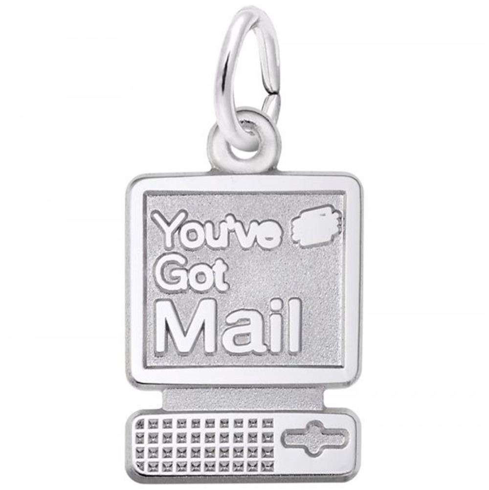 The Rembrandt Charms You've Got Mail Computer - Sterling Silver Charm is shaped like a desktop computer with the words "You've Got Mail" displayed on the screen. It features a round loop at the top, perfect for attaching to a bracelet or necklace.