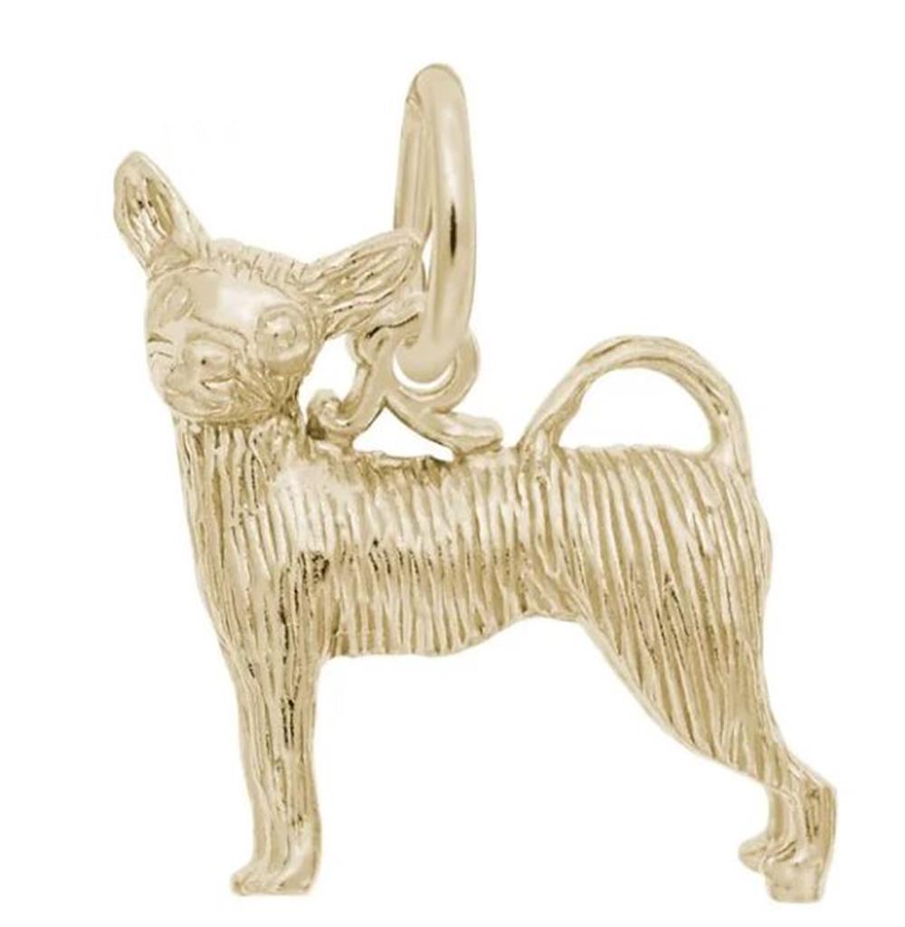 Introducing the Rembrandt Charms Chihuahua Dog in 10K Yellow Gold, a beautifully crafted piece featuring a standing Chihuahua with detailed fur texture and a charming curled tail. This shiny charm is designed with a loop on top, making it perfect for attaching to your favorite chain or bracelet.