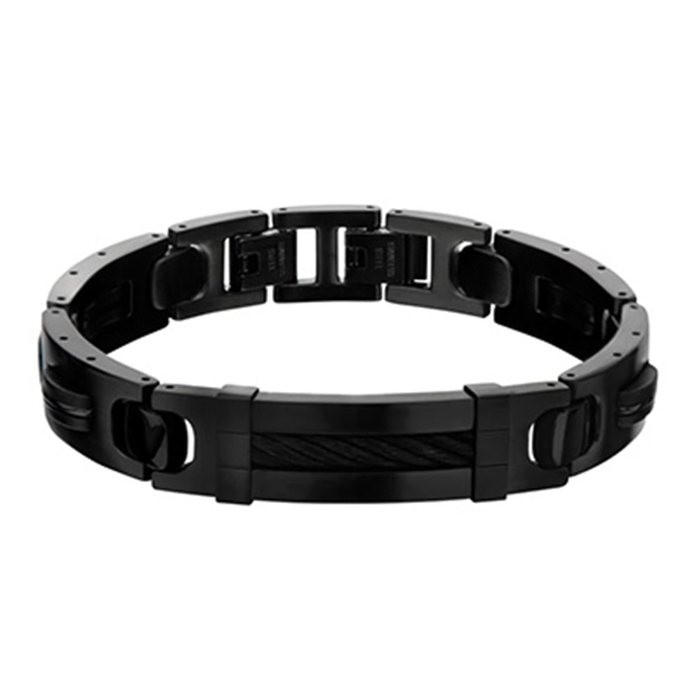 A sleek Men's Stainless Steel Black IP with ID Plate Link Bracelet from INOX features a segmented design and a clasp, with an intricately detailed central section. This 8.75" bracelet combines shiny, polished metal and matte elements for a modern, sophisticated look.