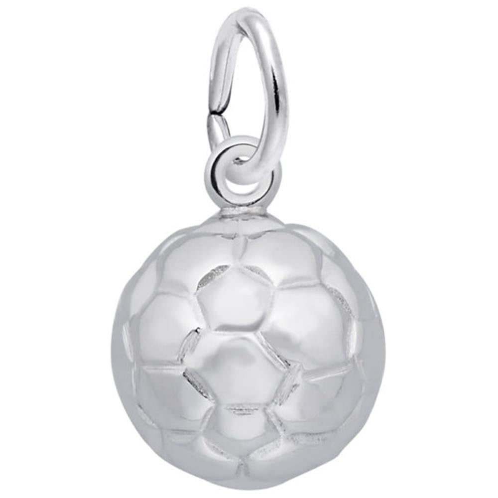 The Rembrandt Charms collection features the Soccer Ball Charm in sterling silver, showcasing intricate pentagonal and hexagonal patterns. This charm includes a small loop at the top for easy attachment to a necklace, bracelet, or other accessory.