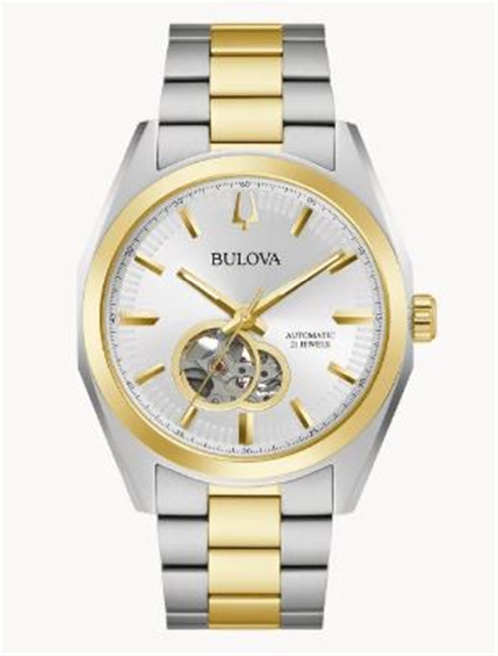 The Bulova Watch Company 98A284 Two Tone Surveyor Automatic Men's Watch features a silver and gold band, white dial with gold markers and hands, and an exposed mechanical movement in a circular window on the left.