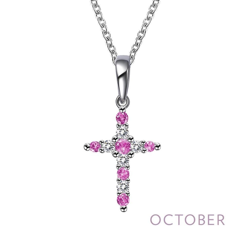 A silver cross-shaped pendant adorned with pink gemstones is suspended from a delicate silver necklace against a white background. The word "OCTOBER" is written in light purple at the bottom right corner of the image, highlighting the Lafonn October Birthstone Necklace cross.
