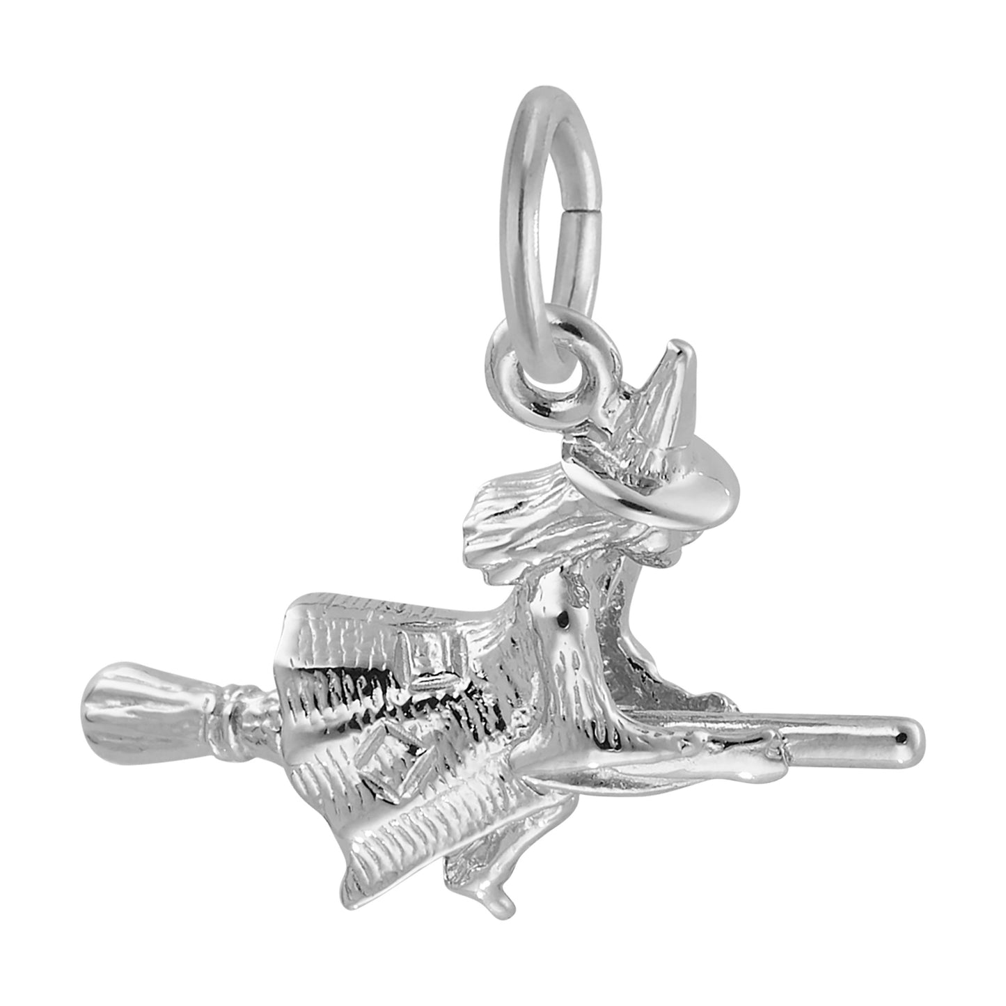 The Rembrandt Charms Witch Charm—crafted in sterling silver—features a witch in a pointed hat flying on a broomstick, complete with a top loop for easy attachment to your Halloween jewelry collection.