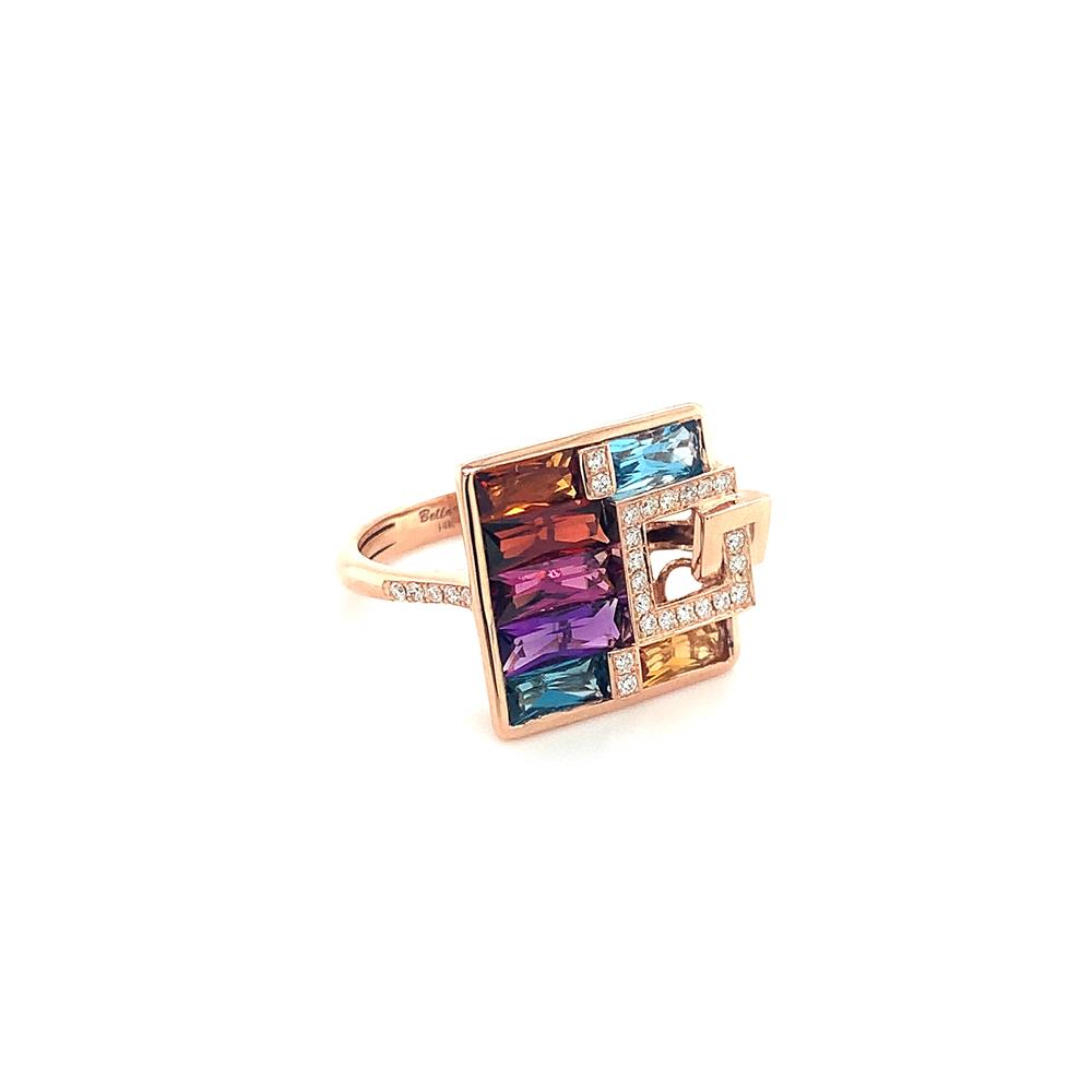 Product Data Description: The Gemstones and Diamonds Ring by Bellarri is a 14K rose gold piece featuring a square face adorned with various rectangular, multi-color gemstones in hues of blue, purple, and orange. The arrangement is beautifully accented with small clear crystals in a linear pattern.