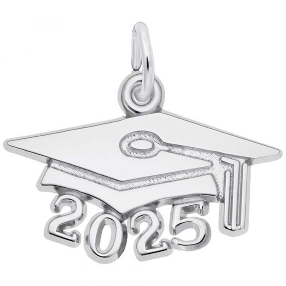 The "2025 grad cap - sterling silver charm" by Rembrandt Charms is shaped like a graduation cap with a tassel and features the number "2025" beneath it.