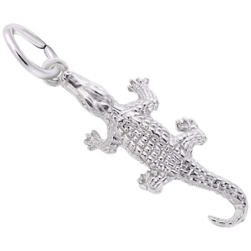 'Sterling silver alligator charm by Rembrandt Charms, featuring a detailed alligator design with textured scales and a small loop for attachment. Dimensions: 0.41 in x 0.91 in (10.33 mm x 23.13 mm).'