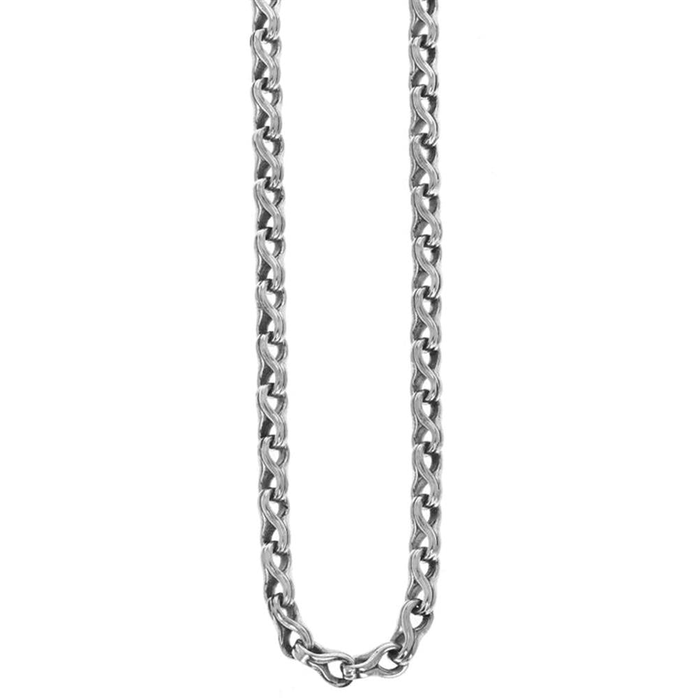 A close-up image of the King Baby Twisted Eight Link Silver Necklace showcases its intertwined, rounded links elegantly arranged in a slight curve at the bottom. The chain boasts a polished, shiny finish, and the intricate link design lends it a textured appearance. The background is plain white.