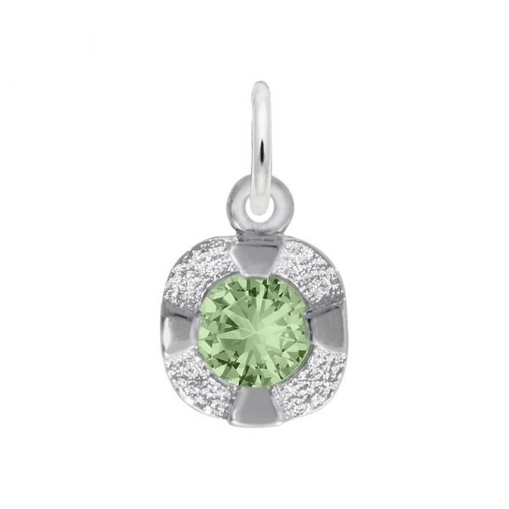 The Rembrandt Charms Petite Birthstone - August Charm is a sterling silver pendant featuring a central round green gemstone, symbolizing the August birthstone, surrounded by small, sparkling clear stones. It includes a loop at the top for easy attachment to a chain.