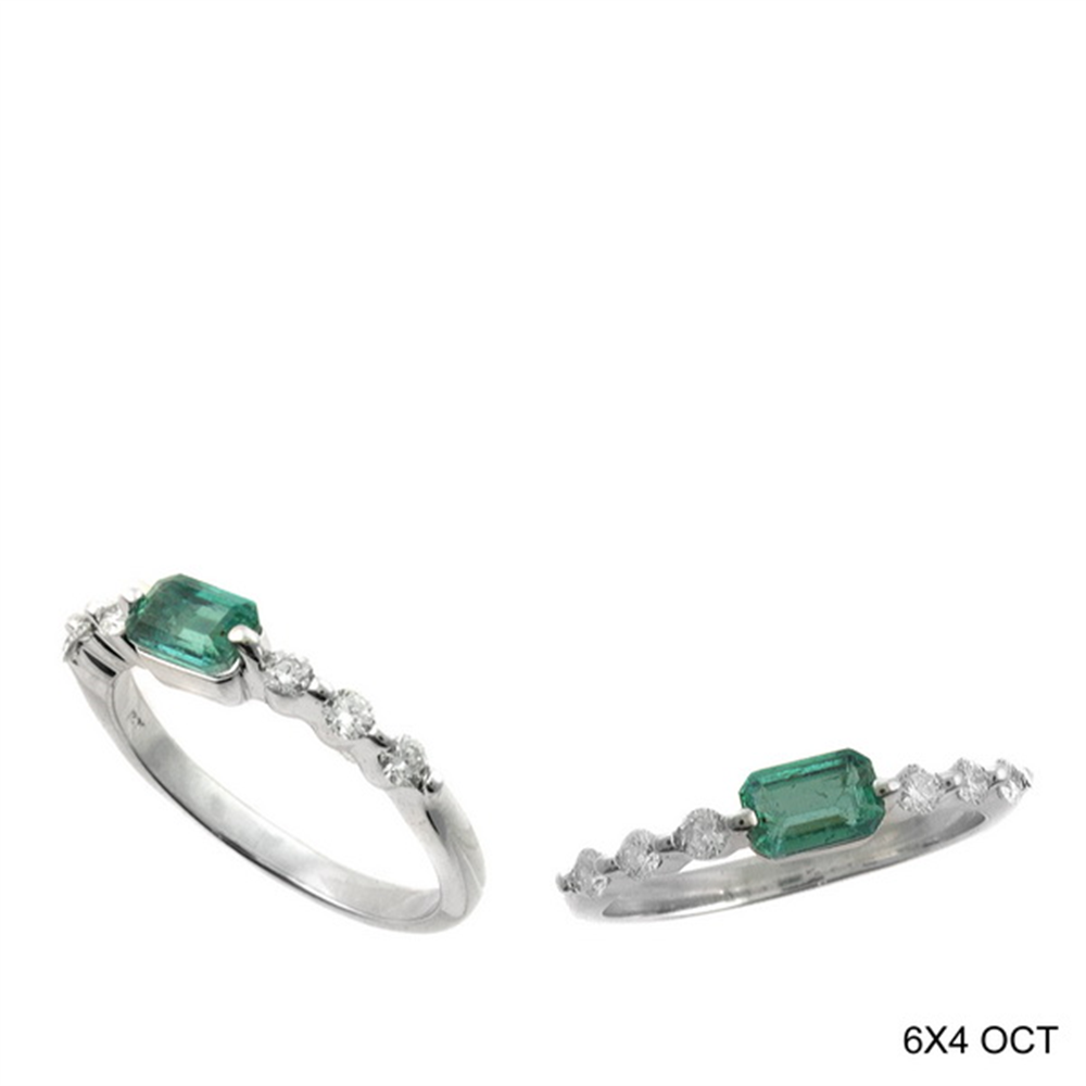 Two RW13239E rings by Ryan Gems feature green emeralds and diamond accents in white gold. One ring lies flat while the other is angled on a white background, with "6X4 OCT" text in the corner.