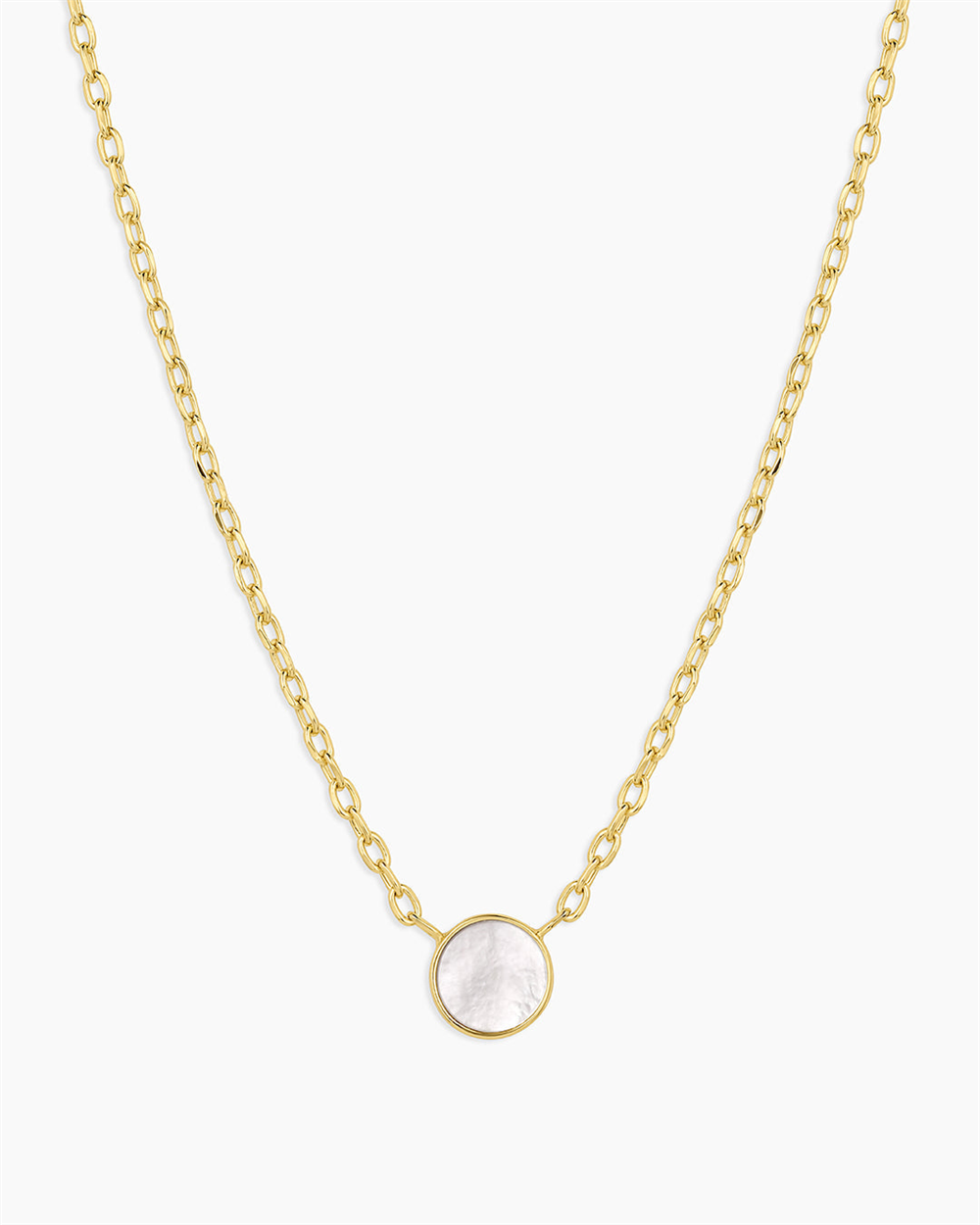 The Gorjana Rose Marble Coin Necklace features a single round mother of pearl pendant set in a gold frame, 18k gold plated, displayed on a plain white background.