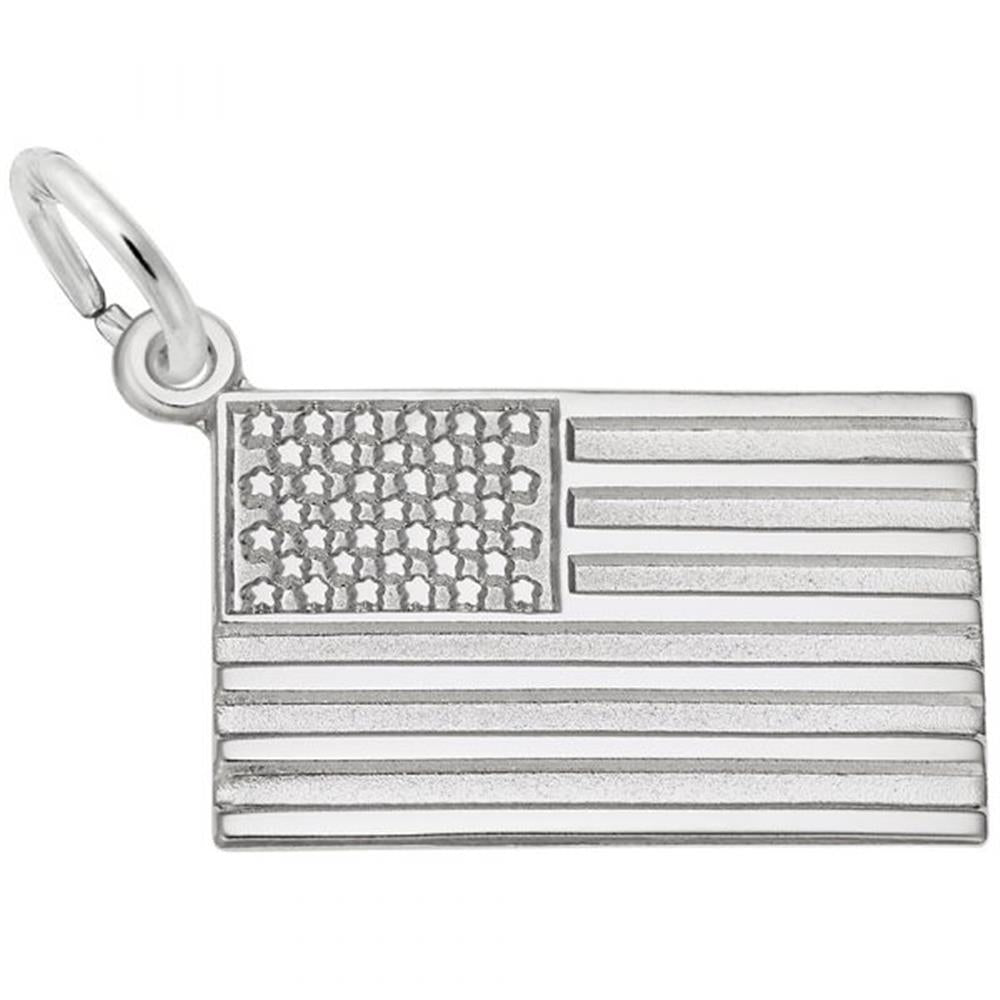 Check out the USA Flag Charm in sterling silver by Rembrandt Charms - a beautifully crafted pendant showcasing engraved stars and stripes, complete with a small loop for easy attachment to a chain or bracelet.