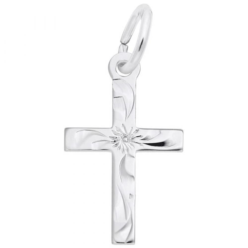 The Small Flared Cross Charm in Sterling Silver by Rembrandt Charms showcases an intricate floral engraving at its center and includes a loop for easy attachment, making it an ideal addition to your collection.