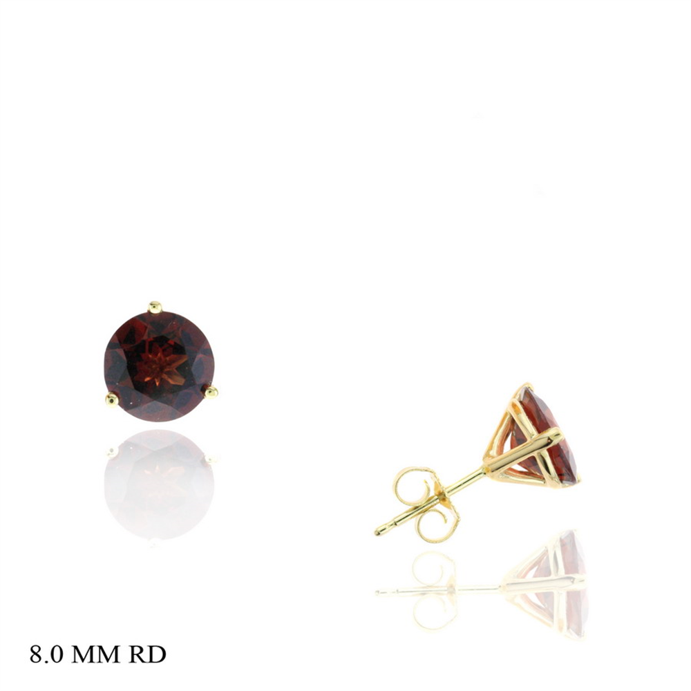The Ryan Gems E11966GT features 5ct garnet martini stud earrings in yellow gold, with one displayed frontally and the other side-view. "8.0 MM RD" appears at the bottom left.