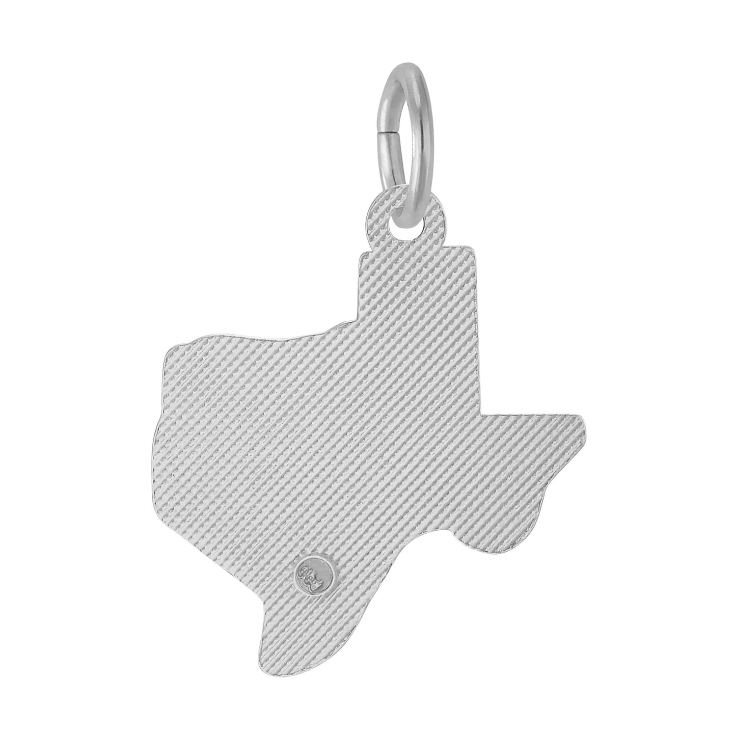 Crafted in sterling silver by Rembrandt Charms, the Texas Map Charm features a distinctive diagonal line texture and a small round emblem near the lower left—making it the perfect accessory for anyone who loves Texas jewelry or wants to carry a piece of Lone Star State charm wherever they go.