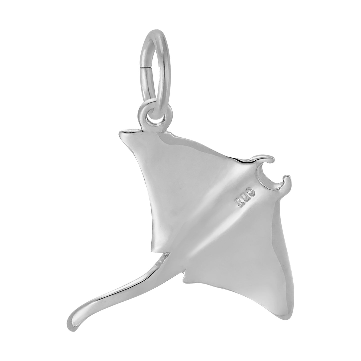 Crafted by Rembrandt Charms, the Manta Ray Charm in sterling silver features a smooth, elegant finish and a small top loop for easy attachment to any chain. Marked with "925" to signify its quality, this stunning ocean-inspired pendant captures the graceful beauty of a manta ray.