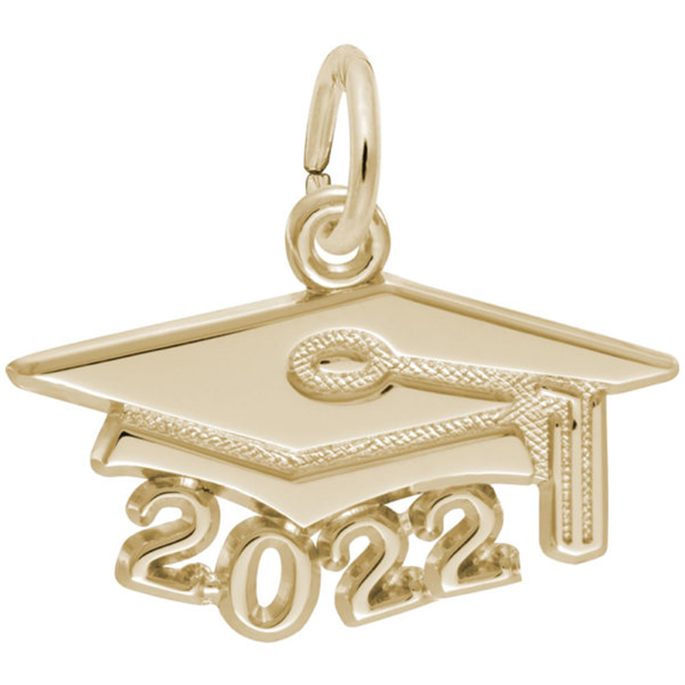 The Large Grad Cap 2022 Charm by Rembrandt Charms is crafted in 10K yellow gold and features a prominent graduation cap design with the year "2022" displayed beneath it. The tassel of the cap drapes over the numbers, and a small loop at the top allows for easy attachment to a necklace or bracelet chain.
