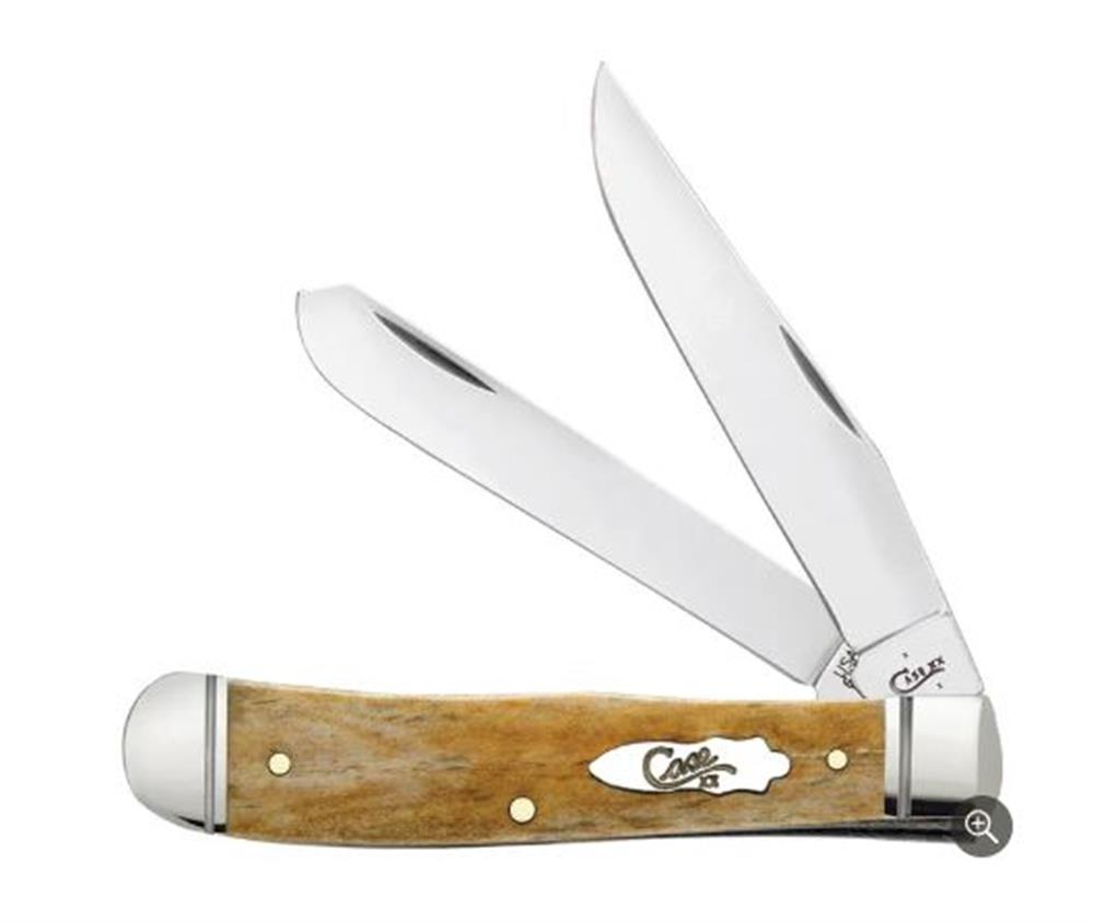 The W.R. Case & Sons Cutlery Co. Smooth Antique Bone Trapper features two open blades with a shiny finish and sharp edges. The handle, made of smooth, light-colored wood, is adorned with a metal emblem and proudly displays the "Case" logo on both the handle and one blade for added elegance.