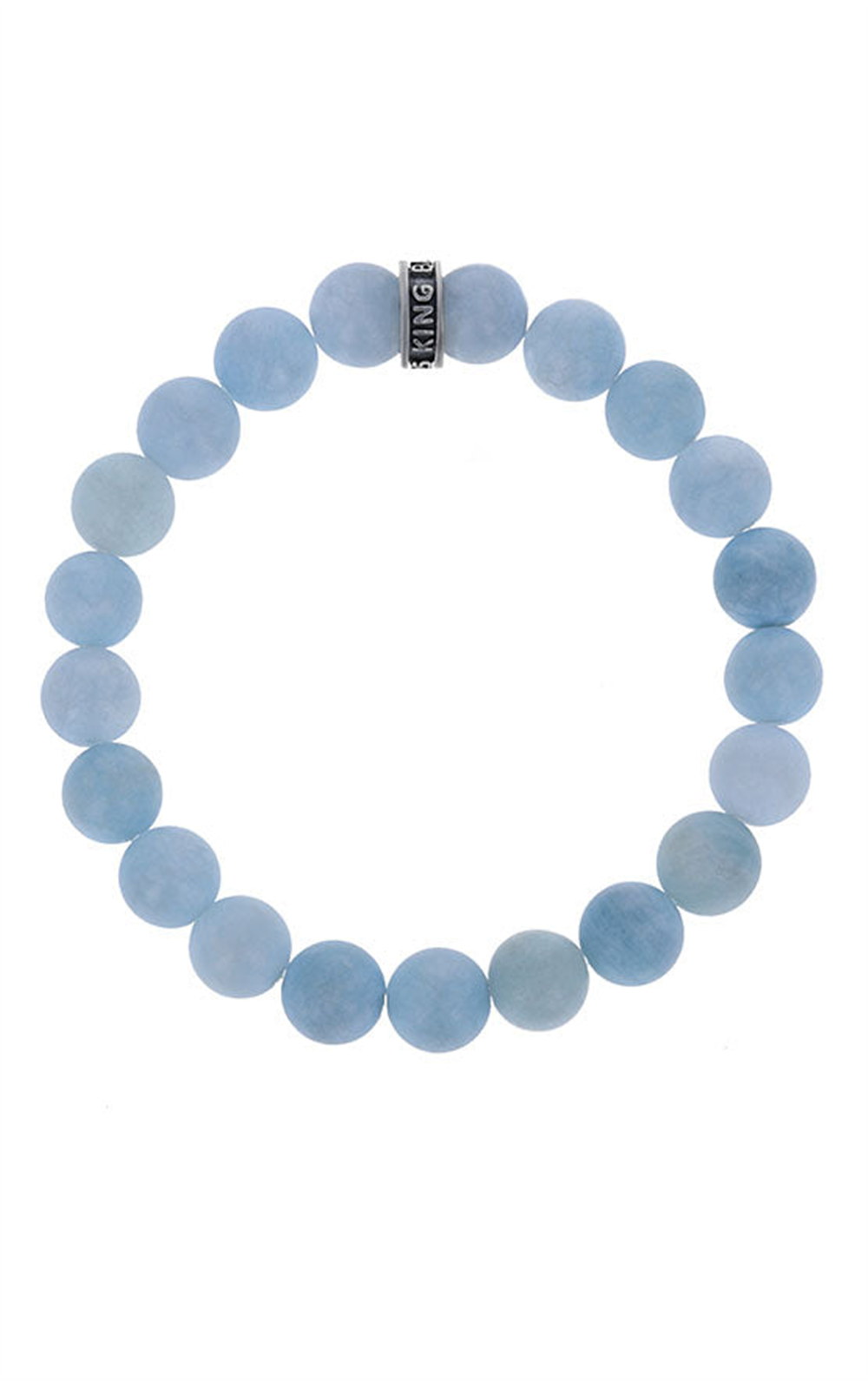 The King Baby 10mm light blue aquamarine bracelet features soothing round beads in a perfect circle, with a standout metallic logo ring. Set against a plain white background, the elegant design shines.