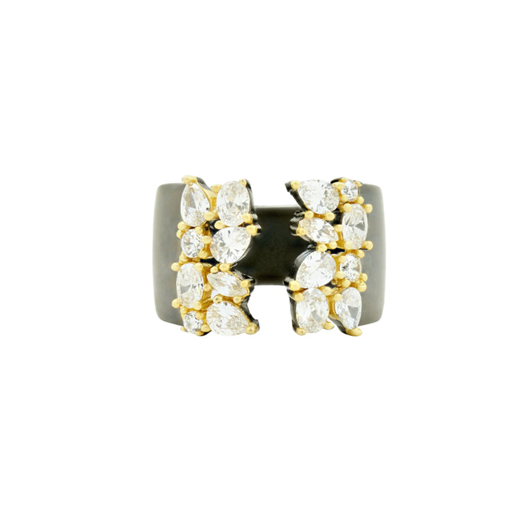 The Freida Rothman DHPYZR02 Open Cuff Ring in size 7 features an open front with two rows of pear-shaped diamonds on each side, set in yellow gold prongs on a polished gold band.