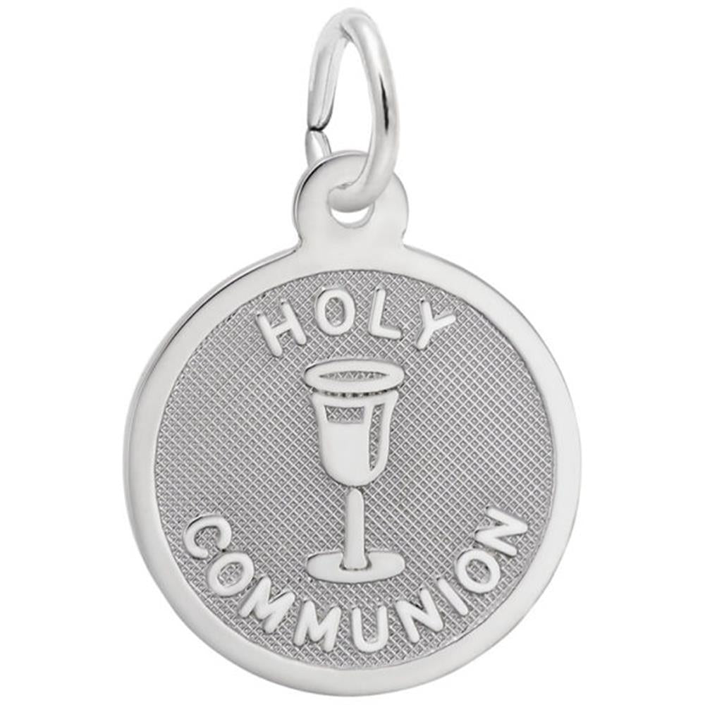 The Holy Communion Charm in sterling silver by Rembrandt Charms is a round pendant with a textured background, featuring the engraving "HOLY COMMUNION" surrounding a central image of a chalice. It has a small loop at the top for attaching to a chain or bracelet.
