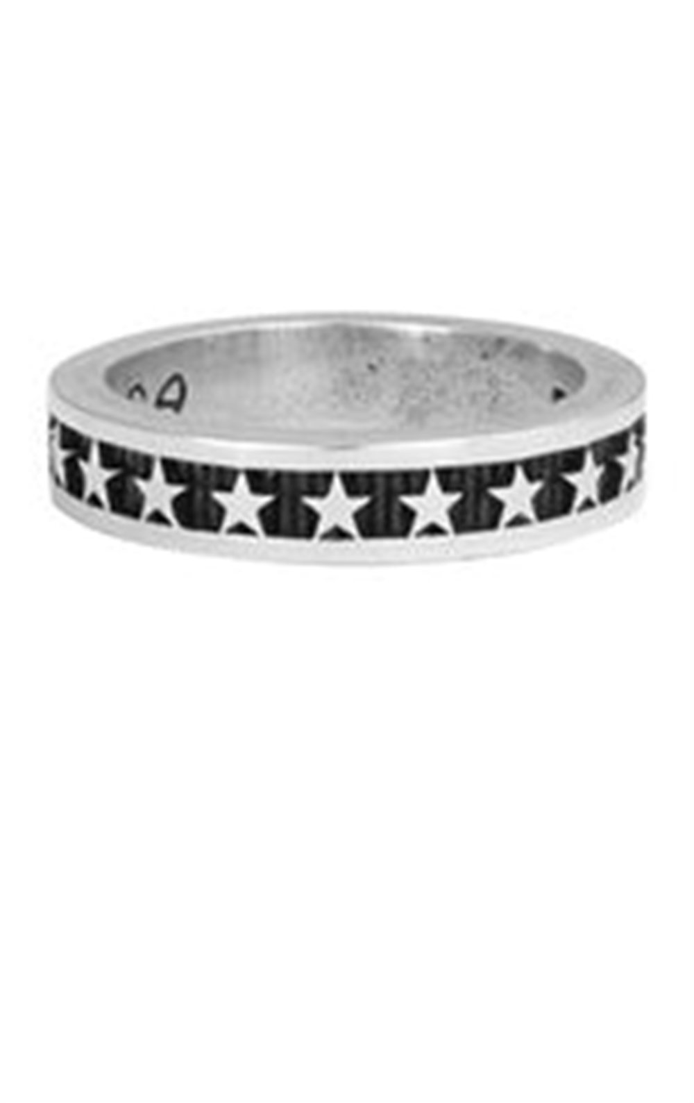 The SS stackable star 10 by King Baby is a metallic ring featuring a pattern of evenly spaced, small white star-shaped inlays set against a dark background around its outer band. This ring offers a simple, yet stylish design perfect for layering with your other favorites.