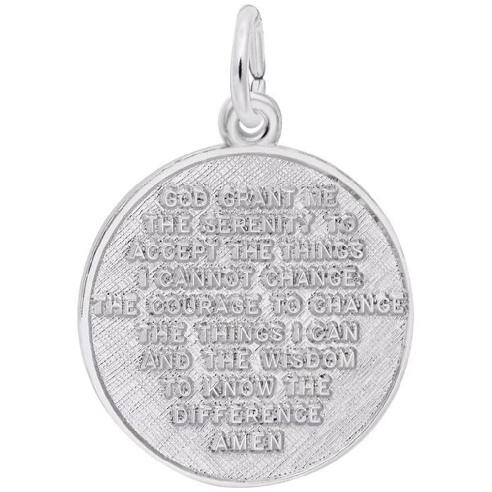 The Serenity Prayer Charm by Rembrandt Charms is a round pendant crafted from Sterling Silver, featuring the engraved Serenity Prayer: "God grant me the serenity to accept the things I cannot change, the courage to change the things I can, and the wisdom to know the difference. Amen." This charm includes a loop for attaching to a chain.