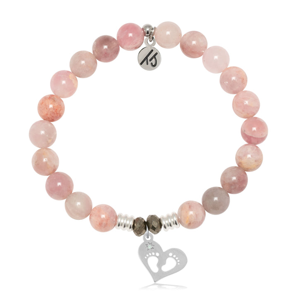 The T Jazelle Madagascar Quartz Gemstone Bracelet features pink beads, silver accents, and a sterling silver charm with baby feet and a round "TS" tag.