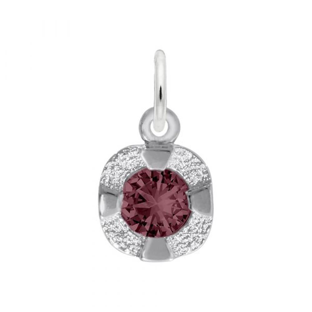 Introducing the Petite Birthstone - June Charm by Rembrandt Charms, a stunning sterling silver pendant showcasing a round, faceted maroon gemstone at its center. This elegant birthstone is encased within a gleaming silver frame adorned with delicate glittering accents. The charm features a small loop at the top for easy attachment to any chain or necklace, making it an exquisite choice for those celebrating June birthdays.