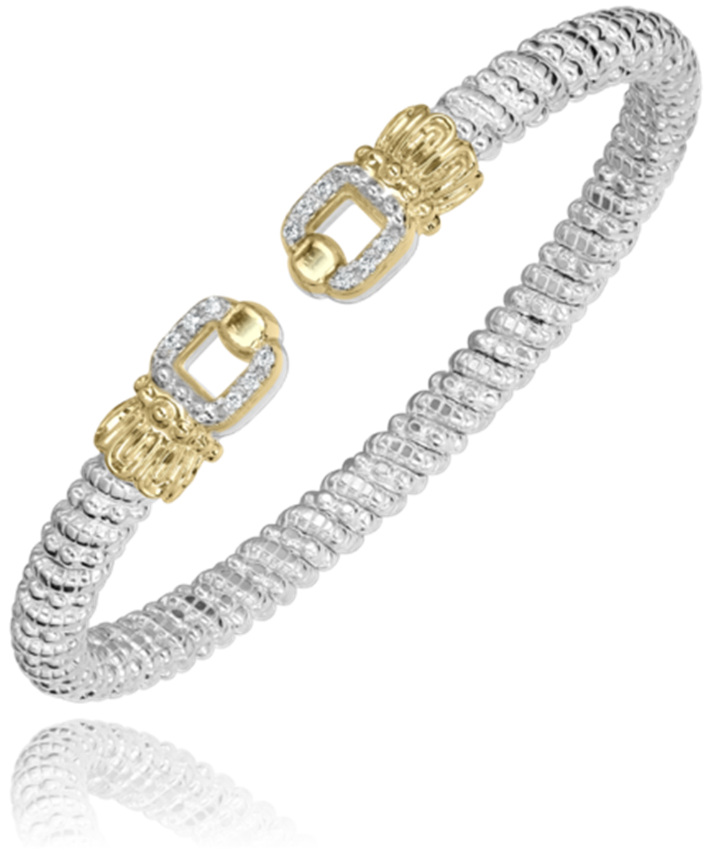 Introducing the Alwand Vahan Jewelry bracelet: a sterling silver piece with a coiled design, accented with 14k gold-toned details and clasps at both ends. This 4mm band is embellished with small diamonds totaling 0.09 carats, adding an extra touch of elegance to its reflective, twistable, and flexible appearance.