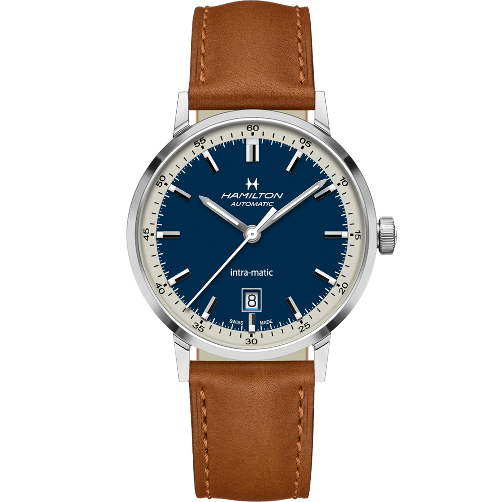 The Hamilton American Classic Intra-Matic Automatic Watch - 40mm showcases a blue dial with white indices, a date window at the 6 o'clock position, and comes with a brown leather strap. This automatic men's watch by Hamilton features a stainless steel case and impeccable movement.
