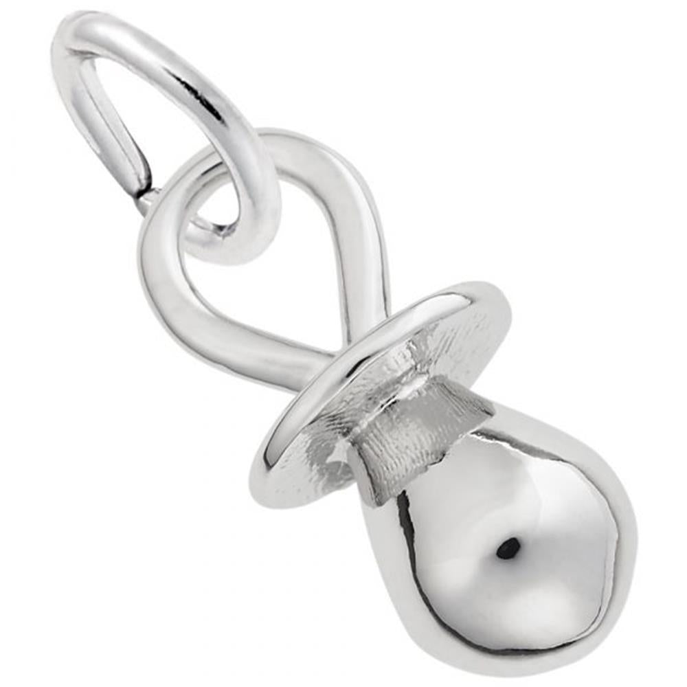 A sterling silver pacifier charm with a loop at the top for attaching to a chain. The charm measures 0.34 inches in width and 0.71 inches in height (8.8 mm x 18.17 mm). Style number: 8354. The charm has a shiny, polished finish and is detailed to resemble a traditional baby pacifier.