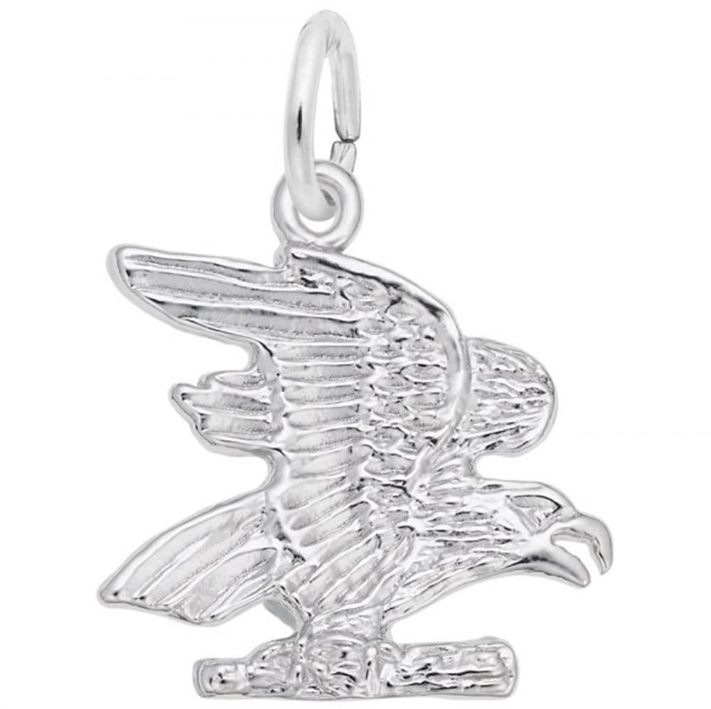 The Rembrandt Charms Eagle Charm is crafted in sterling silver and features a detailed eagle with intricately sculpted feathers, wings spread wide, and perched on a small branch. This elegant jewelry piece includes a loop at the top for easy attachment to a bracelet or necklace.