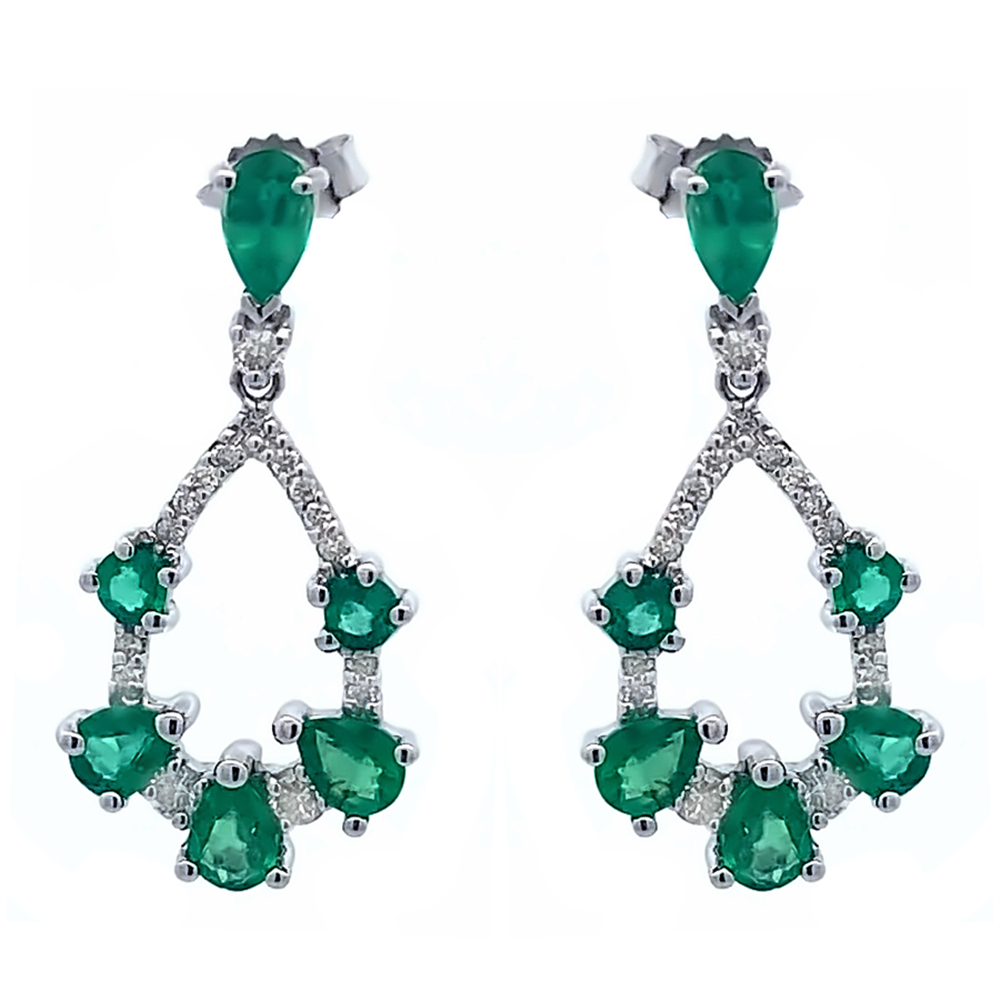 Ryan Gems' EW13544E features silver drop earrings with 1.58ct emeralds in pear and round shapes, accented by 0.22ct diamond-like stones in a teardrop pattern on white gold.