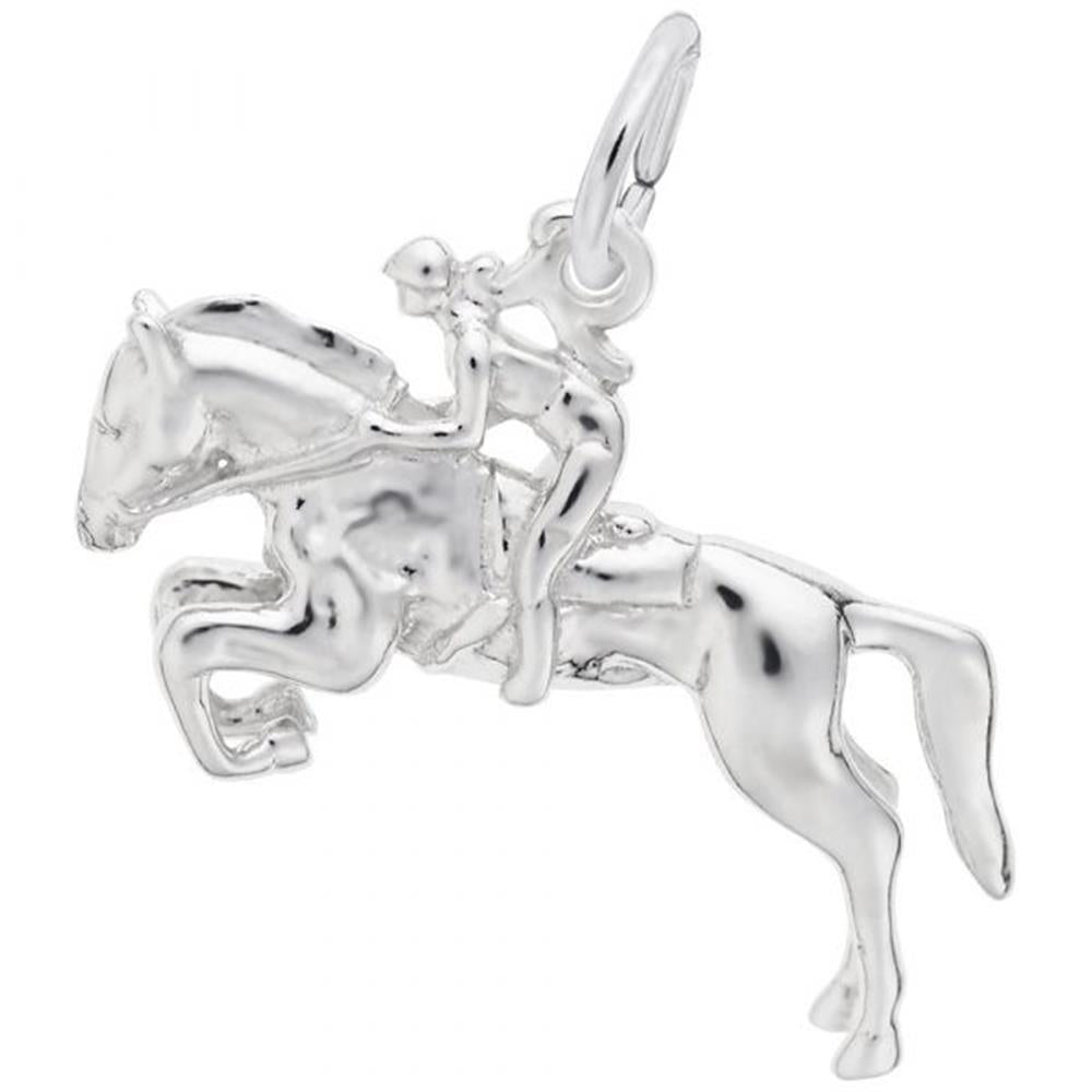 The Horse and Rider Charm by Rembrandt Charms, crafted in sterling silver, vividly captures a rider on a jumping horse with intricate detailing and dynamic movement. Featuring a small loop at the top, this pendant is perfect for attaching to your favorite necklace or bracelet.