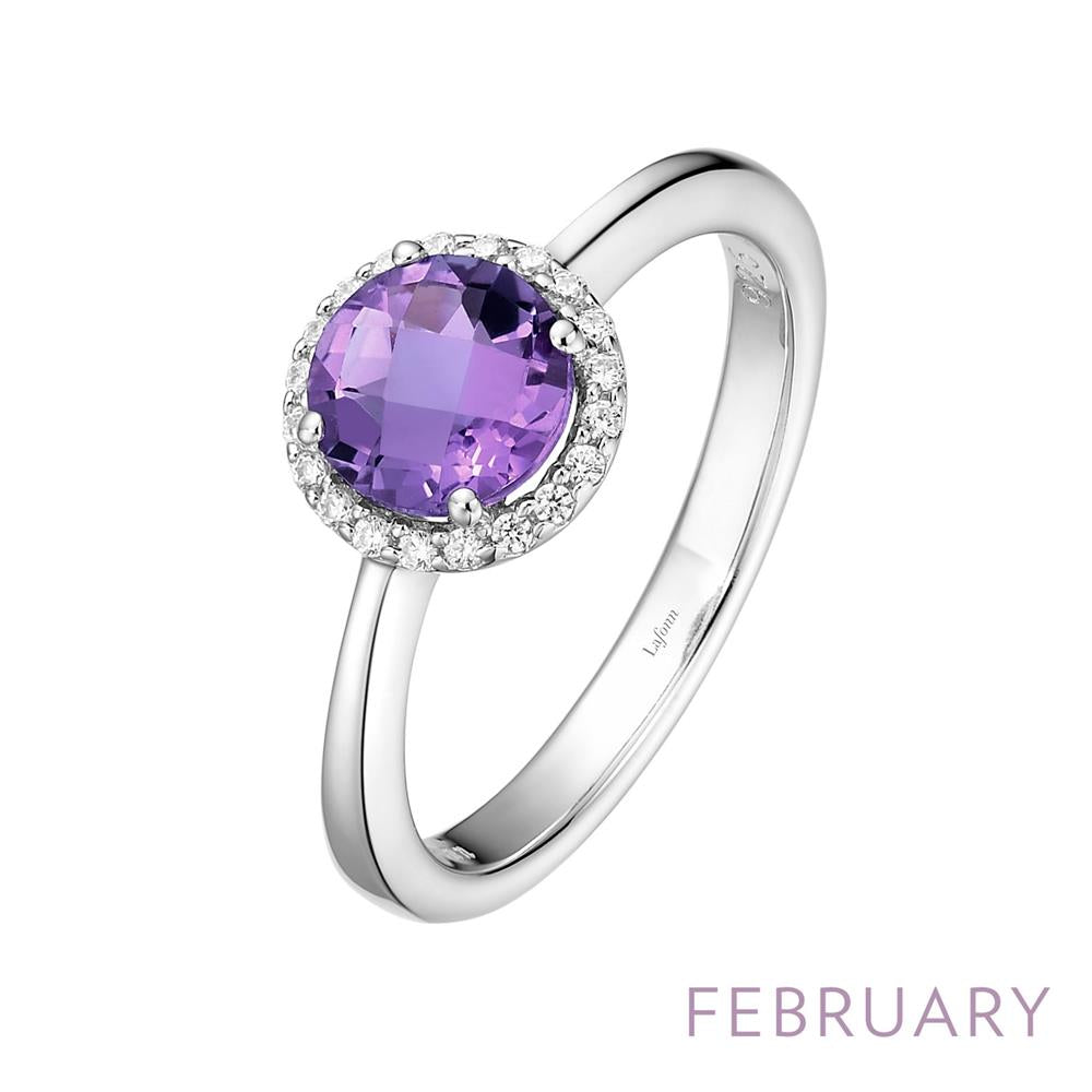 A silver ring from Lafonn, the February Birthstone Ring, featuring a round-cut purple gemstone in the center surrounded by small sparkling diamonds. The word "February" is written in purple at the bottom right corner of the image to highlight its significance as a February birthstone.