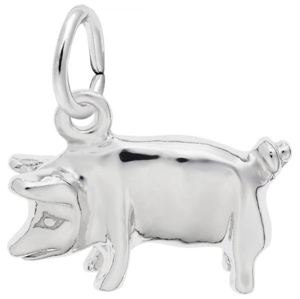 The Pig Charm in Sterling Silver by Rembrandt Charms showcases a simple, minimalistic design with a smooth, reflective surface. Its silver pig-shaped form includes a loop at the top for easy attachment to a bracelet or necklace. The outline and details are slightly rounded and stylized, adding extra charm.