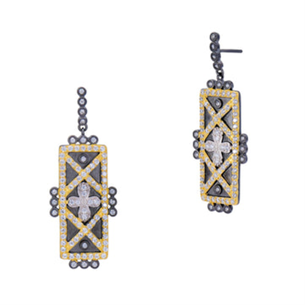 Freida Rothman TRZE020186B Geometric Stripe Clover Bar earrings feature rectangular black metal with yellow gold accents and diamond-like stones in cross patterns, offering a modern take on classic bar earrings. Displayed against a white background.