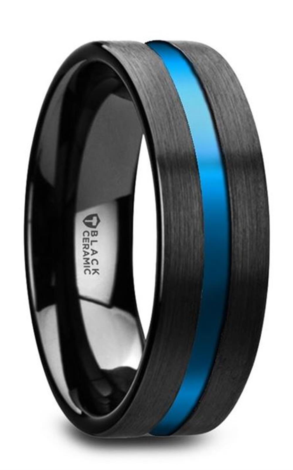 The Flat Brushed Finish Black Ceramic With Blue Grooved Center Band by Thorsten features an 8MM width and a sleek, vibrant blue stripe running through the center. The interior is smooth and glossy, with "BLACK CERAMIC" engraved inside.