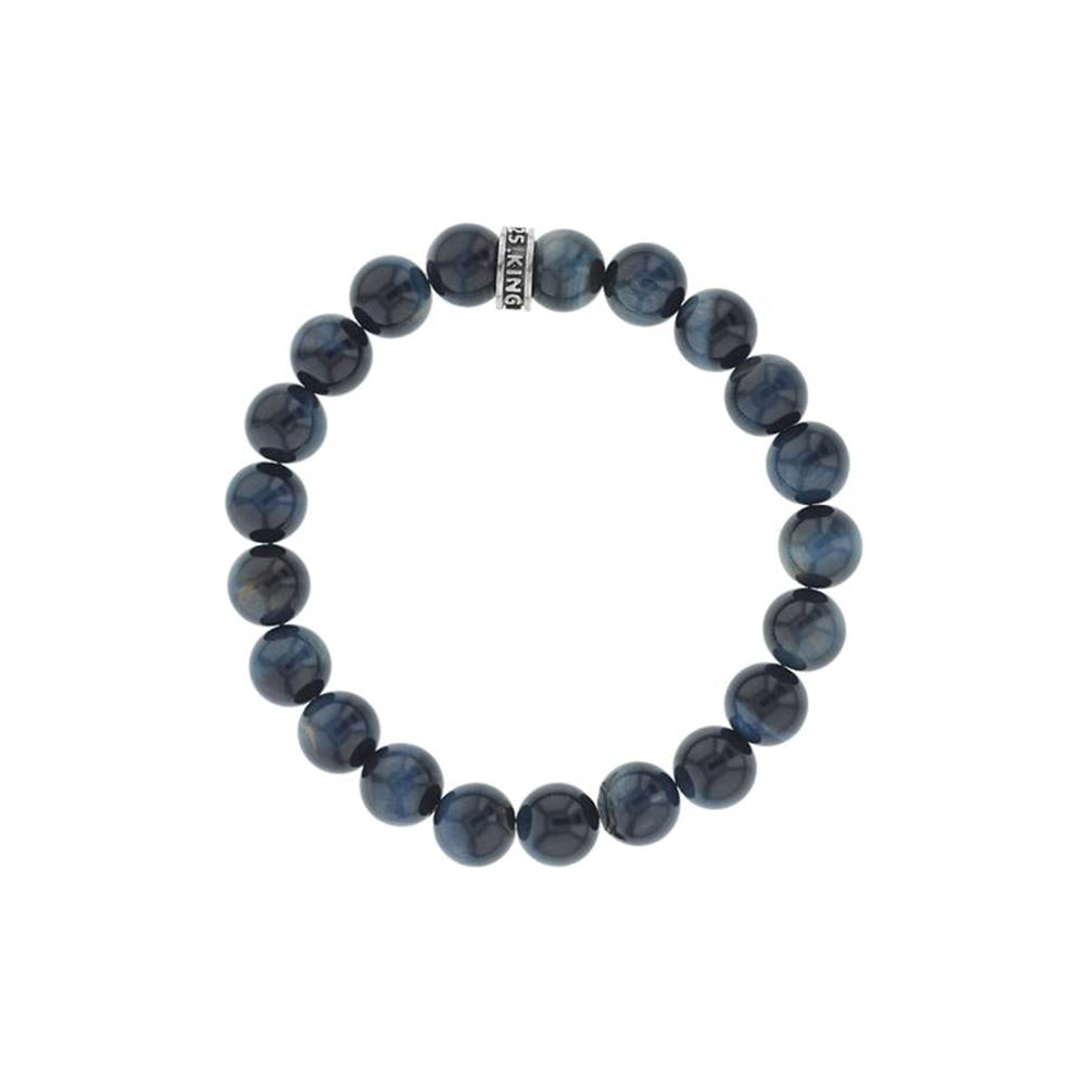 The King Baby 10mm Blue Tiger Eye Beads & Silver Bracelet features round, dark blue marbled beads with a silver charm engraved "STERLING." Handmade in the USA, the beads form a perfect circle against a pristine white background.