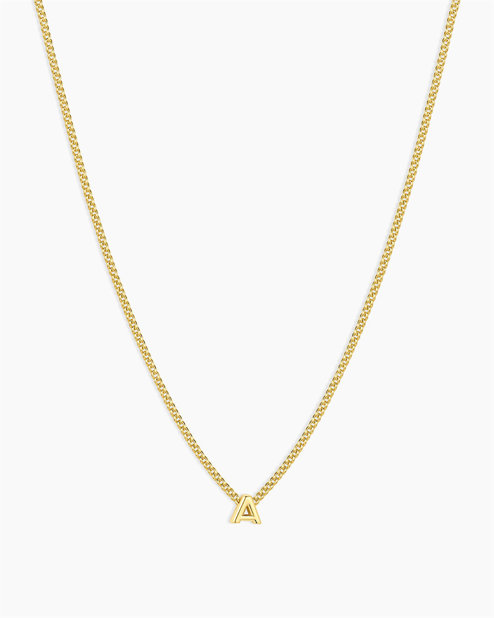 The Gorjana Wilder Mini Alphabet Necklace - A is an 18k gold plated piece featuring a small, gold capital "A" pendant centered on a plain white background—an ideal personalized jewelry accessory.