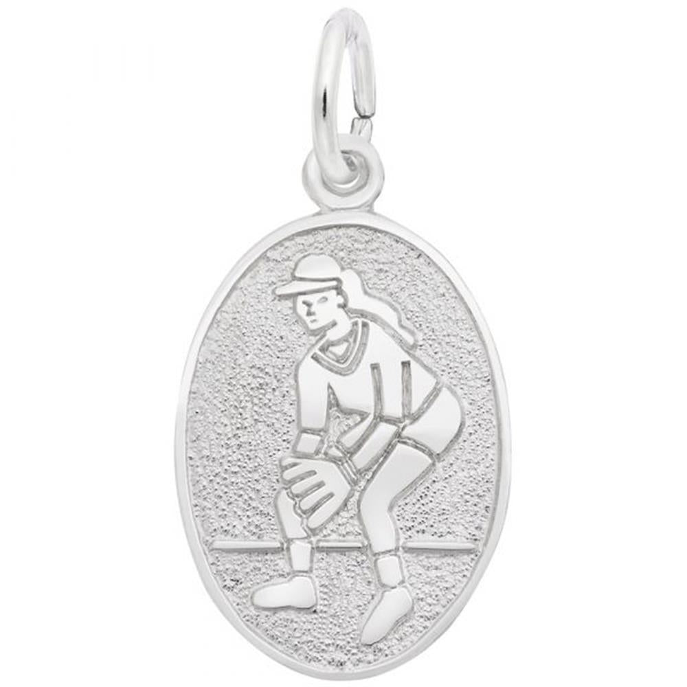 The Softball Oval Disc Charm in Sterling Silver by Rembrandt Charms features an engraving of a female baseball player in a crouching position, wearing a cap and holding a glove, ready to catch the ball. With its textured background and loop for attaching to a chain, this charm is truly unique.