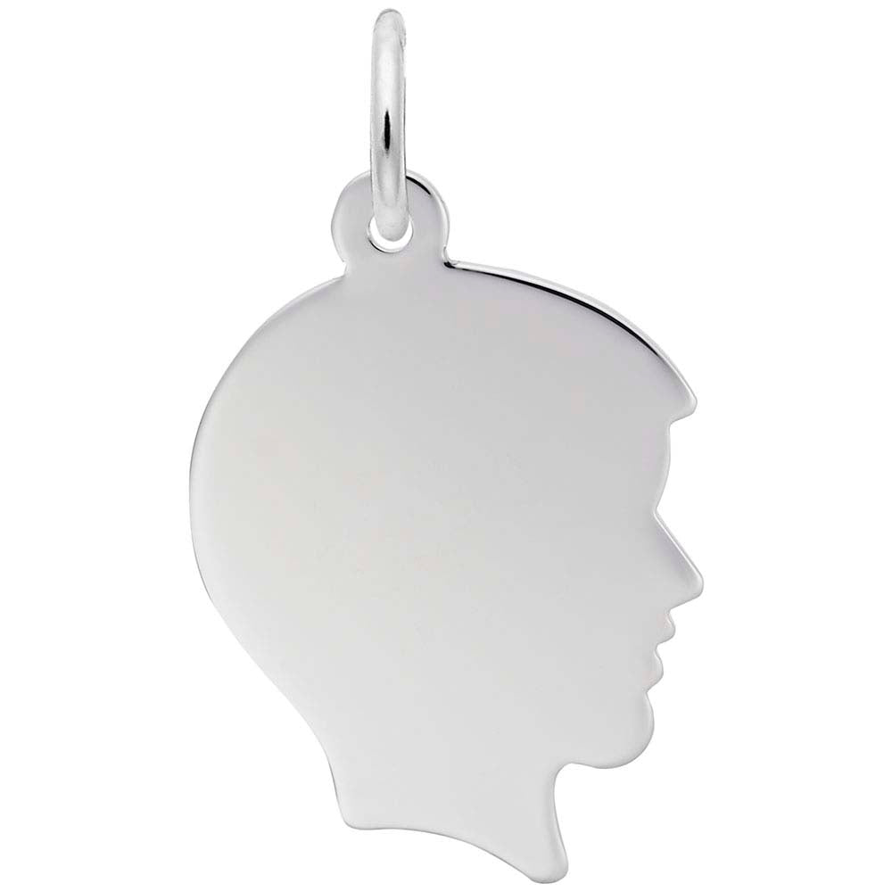 The Rembrandt Charms Engravable Boy's Head Charm in Sterling Silver features a human head profile design with smooth, polished surfaces and rounded edges. It includes a small loop at the top for attaching to a chain, offering both elegance and personalization.