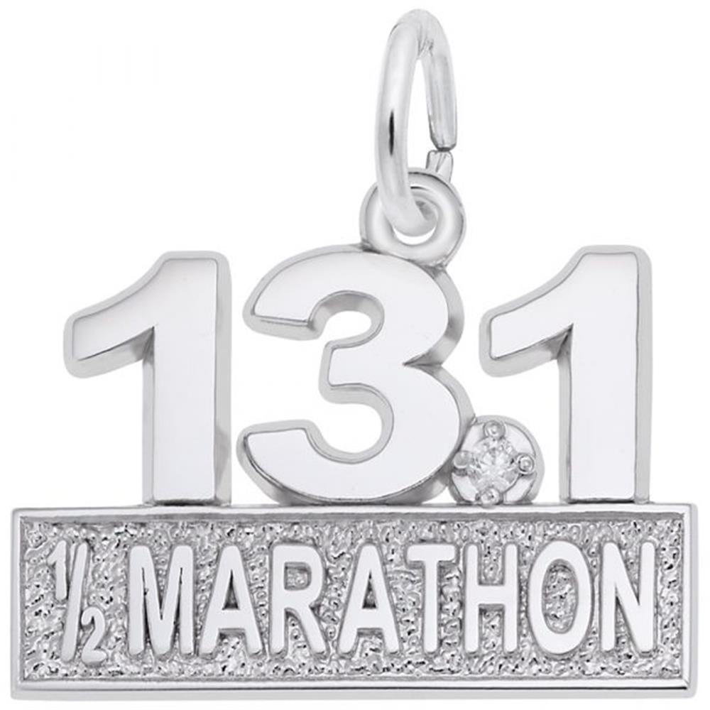 The Marathon 13.1 W/White Spinel Charm by Rembrandt Charms features a sterling silver pendant with the number "13.1" on top of a rectangular plate inscribed with "1/2 MARATHON," accentuated by a small white spinel gem.
