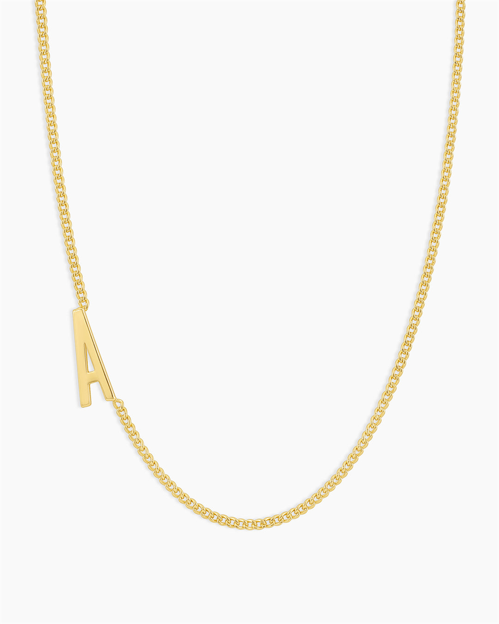 The Gorjana Wilder Alphabet Necklace - A features an 18k gold plated capital letter "A" pendant displayed against a plain white background.