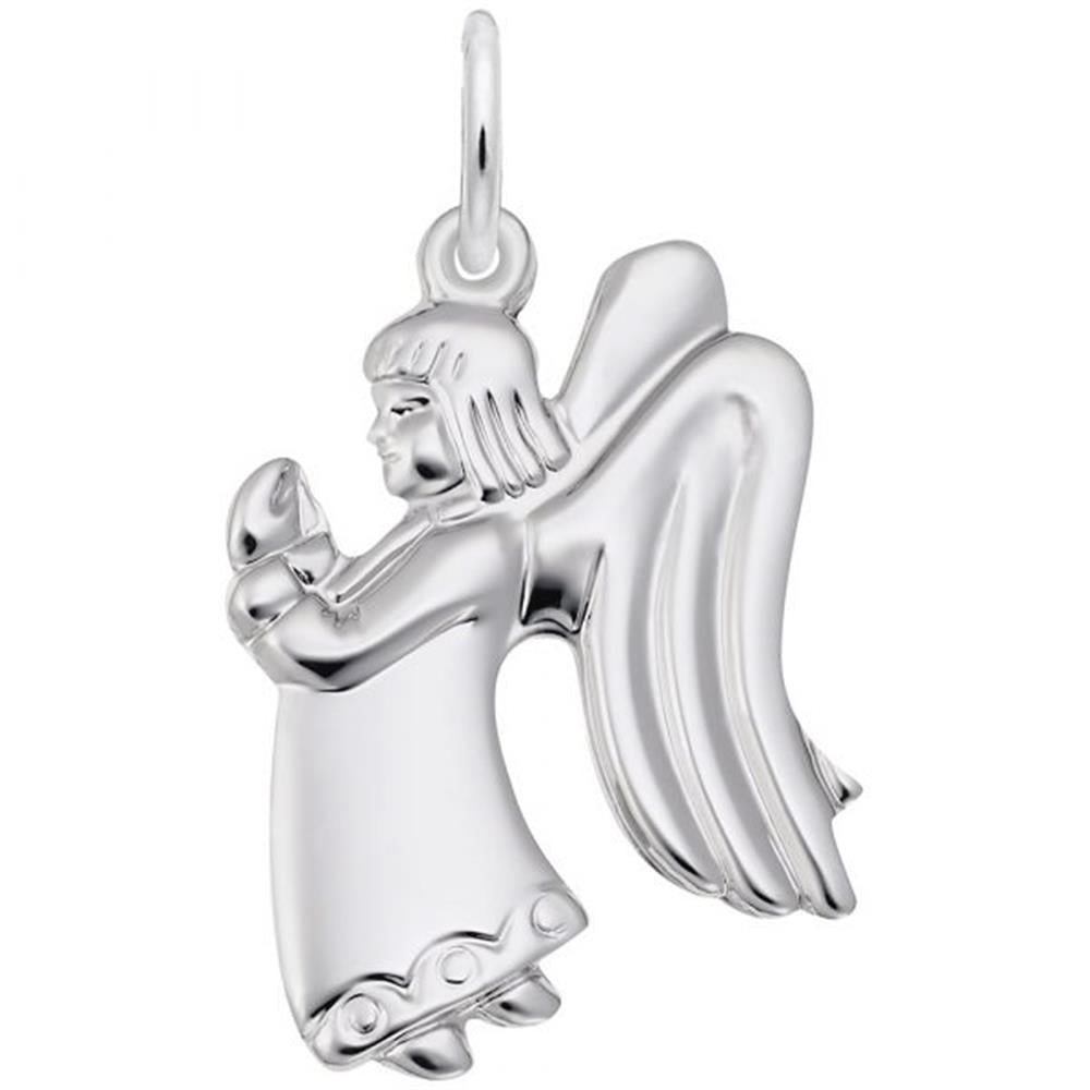'Sterling silver charm of a flat praying angel girl with detailed wings and dress. Style 1678, 0.77 in x 0.91 in (19.54 mm x 23.12 mm).'