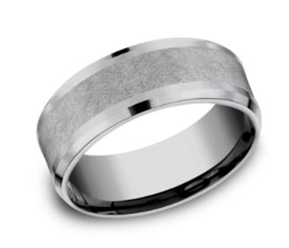 The Benchmark Rings 8mm Tantalum Swirl and Polished Ring features a matte center strip with polished edges. Its interior is also polished, reflecting light, and the comfort-fit design offers a simple yet elegant appeal.