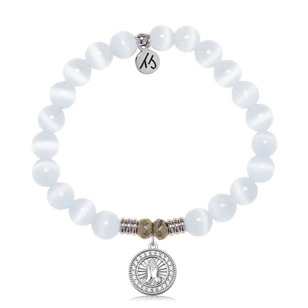 The T Jazelle White Cats Eye Gemstone Bracelet features white beads, metallic accents, and a sterling silver Prayers CZ charm, plus a small "KS" tag.